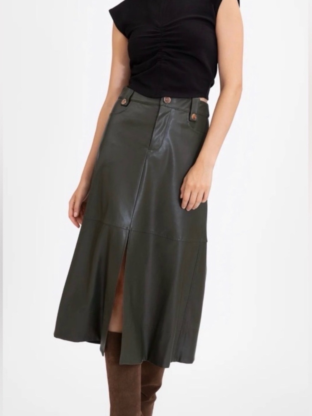 NWT TANYA TAYLOR - Hudie Vegan Leather Skirt, dark army, 10